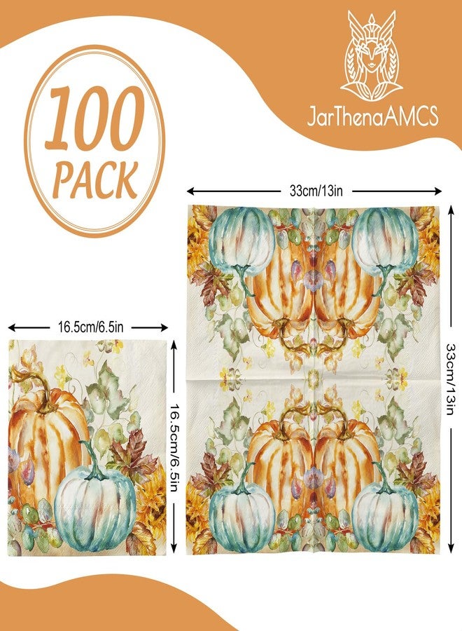 JarThenaAMCS مناديل ورقية من JarThenaAMCS، ١٠٠ قطعة، بتصميمات خريفية: مناديل غداء مزينة باليقطين وعباد الشمس، مناديل عشاء يدوية بألوان مائية، مثالية لحفلات الخريف وعيد الشكر، وديكور طاولة منزلي. - Image 2